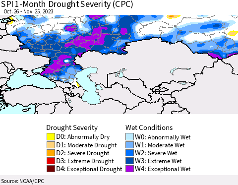 Russian Federation SPI 1-Month Drought Severity (CPC) Thematic Map For 10/26/2023 - 11/25/2023