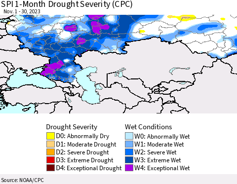 Russian Federation SPI 1-Month Drought Severity (CPC) Thematic Map For 11/1/2023 - 11/30/2023