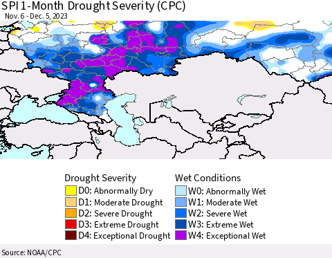 Russian Federation SPI 1-Month Drought Severity (CPC) Thematic Map For 11/6/2023 - 12/5/2023