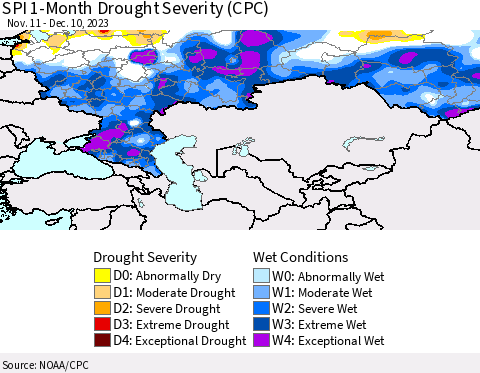 Russian Federation SPI 1-Month Drought Severity (CPC) Thematic Map For 11/11/2023 - 12/10/2023
