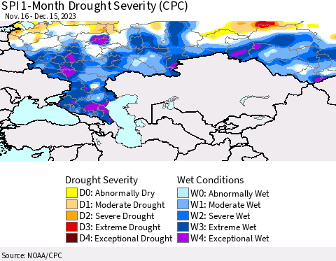 Russian Federation SPI 1-Month Drought Severity (CPC) Thematic Map For 11/16/2023 - 12/15/2023