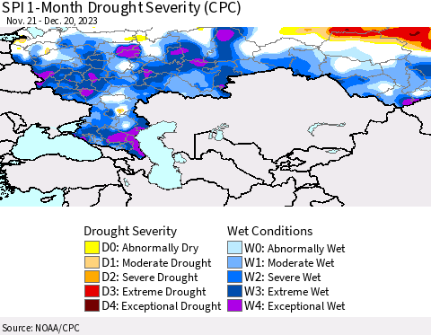 Russian Federation SPI 1-Month Drought Severity (CPC) Thematic Map For 11/21/2023 - 12/20/2023