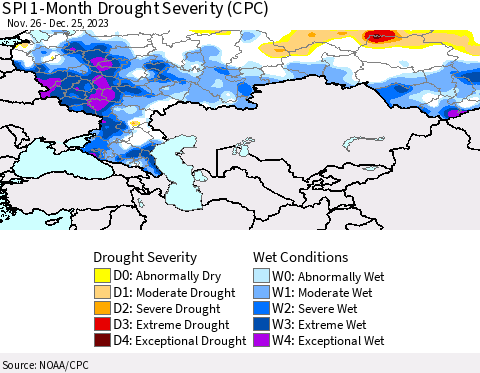 Russian Federation SPI 1-Month Drought Severity (CPC) Thematic Map For 11/26/2023 - 12/25/2023