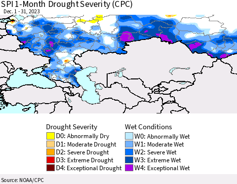 Russian Federation SPI 1-Month Drought Severity (CPC) Thematic Map For 12/1/2023 - 12/31/2023
