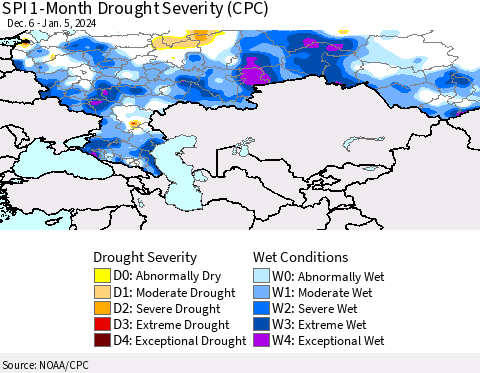 Russian Federation SPI 1-Month Drought Severity (CPC) Thematic Map For 12/6/2023 - 1/5/2024