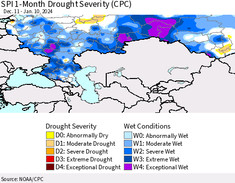Russian Federation SPI 1-Month Drought Severity (CPC) Thematic Map For 12/11/2023 - 1/10/2024