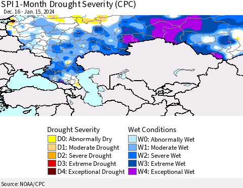 Russian Federation SPI 1-Month Drought Severity (CPC) Thematic Map For 12/16/2023 - 1/15/2024