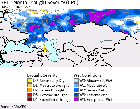 Russian Federation SPI 1-Month Drought Severity (CPC) Thematic Map For 12/21/2023 - 1/20/2024