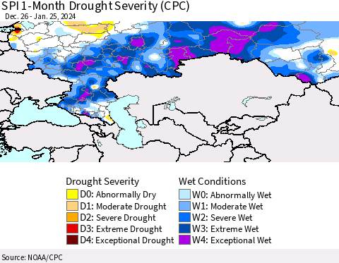 Russian Federation SPI 1-Month Drought Severity (CPC) Thematic Map For 12/26/2023 - 1/25/2024