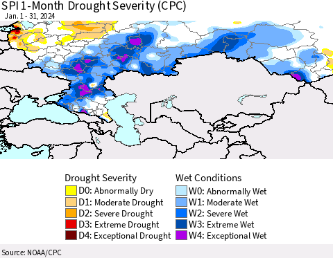 Russian Federation SPI 1-Month Drought Severity (CPC) Thematic Map For 1/1/2024 - 1/31/2024