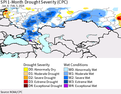Russian Federation SPI 1-Month Drought Severity (CPC) Thematic Map For 1/6/2024 - 2/5/2024