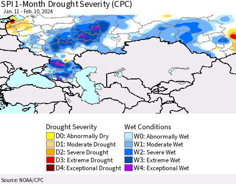 Russian Federation SPI 1-Month Drought Severity (CPC) Thematic Map For 1/11/2024 - 2/10/2024