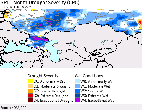 Russian Federation SPI 1-Month Drought Severity (CPC) Thematic Map For 1/16/2024 - 2/15/2024