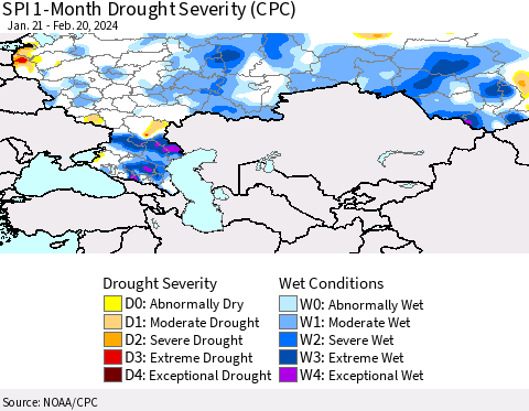 Russian Federation SPI 1-Month Drought Severity (CPC) Thematic Map For 1/21/2024 - 2/20/2024