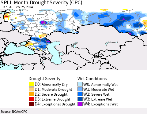 Russian Federation SPI 1-Month Drought Severity (CPC) Thematic Map For 1/26/2024 - 2/25/2024
