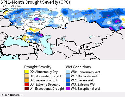 Russian Federation SPI 1-Month Drought Severity (CPC) Thematic Map For 2/1/2024 - 2/29/2024