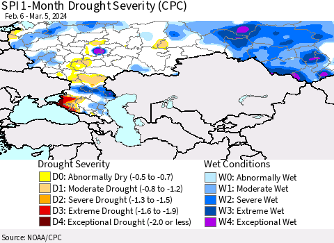 Russian Federation SPI 1-Month Drought Severity (CPC) Thematic Map For 2/6/2024 - 3/5/2024