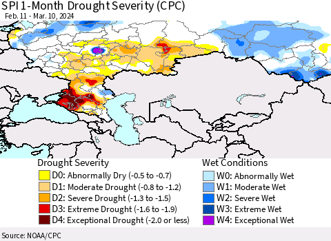 Russian Federation SPI 1-Month Drought Severity (CPC) Thematic Map For 2/11/2024 - 3/10/2024