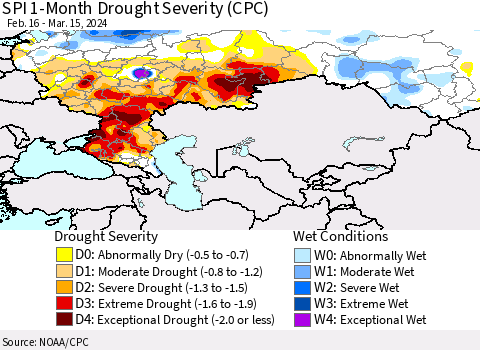 Russian Federation SPI 1-Month Drought Severity (CPC) Thematic Map For 2/16/2024 - 3/15/2024