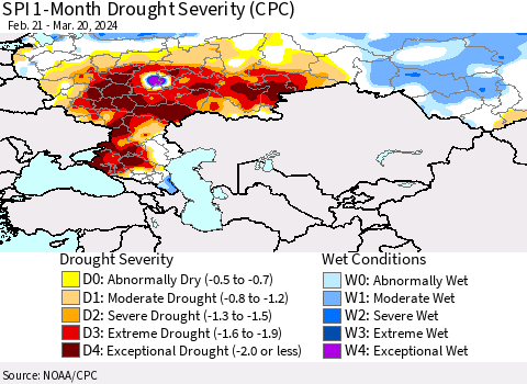 Russian Federation SPI 1-Month Drought Severity (CPC) Thematic Map For 2/21/2024 - 3/20/2024