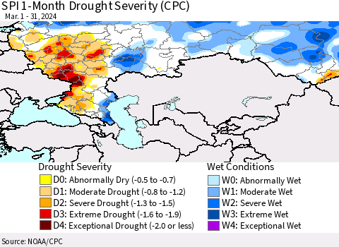 Russian Federation SPI 1-Month Drought Severity (CPC) Thematic Map For 3/1/2024 - 3/31/2024