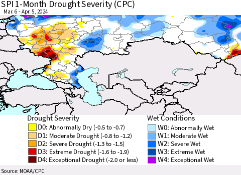 Russian Federation SPI 1-Month Drought Severity (CPC) Thematic Map For 3/6/2024 - 4/5/2024