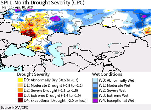 Russian Federation SPI 1-Month Drought Severity (CPC) Thematic Map For 3/11/2024 - 4/10/2024
