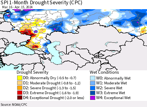 Russian Federation SPI 1-Month Drought Severity (CPC) Thematic Map For 3/16/2024 - 4/15/2024