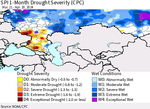 Russian Federation SPI 1-Month Drought Severity (CPC) Thematic Map For 3/21/2024 - 4/20/2024
