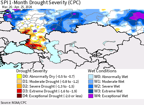 Russian Federation SPI 1-Month Drought Severity (CPC) Thematic Map For 3/26/2024 - 4/25/2024