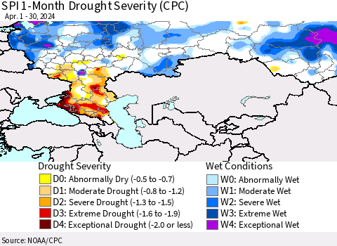 Russian Federation SPI 1-Month Drought Severity (CPC) Thematic Map For 4/1/2024 - 4/30/2024