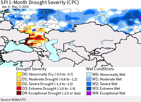 Russian Federation SPI 1-Month Drought Severity (CPC) Thematic Map For 4/6/2024 - 5/5/2024