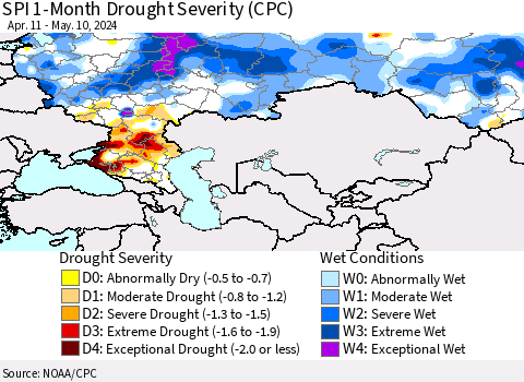 Russian Federation SPI 1-Month Drought Severity (CPC) Thematic Map For 4/11/2024 - 5/10/2024