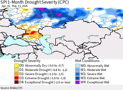 Russian Federation SPI 1-Month Drought Severity (CPC) Thematic Map For 4/16/2024 - 5/15/2024