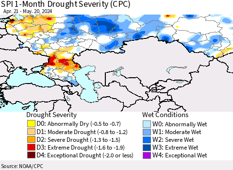 Russian Federation SPI 1-Month Drought Severity (CPC) Thematic Map For 4/21/2024 - 5/20/2024