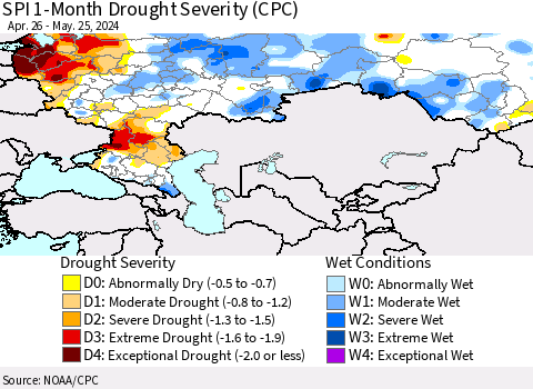 Russian Federation SPI 1-Month Drought Severity (CPC) Thematic Map For 4/26/2024 - 5/25/2024