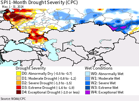 Russian Federation SPI 1-Month Drought Severity (CPC) Thematic Map For 5/1/2024 - 5/31/2024