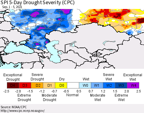 Russian Federation SPI 5-Day Drought Severity (CPC) Thematic Map For 9/1/2021 - 9/5/2021