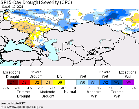 Russian Federation SPI 5-Day Drought Severity (CPC) Thematic Map For 9/6/2021 - 9/10/2021
