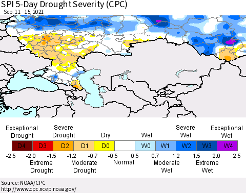 Russian Federation SPI 5-Day Drought Severity (CPC) Thematic Map For 9/11/2021 - 9/15/2021