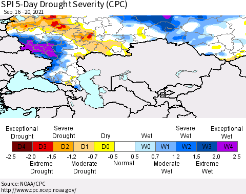 Russian Federation SPI 5-Day Drought Severity (CPC) Thematic Map For 9/16/2021 - 9/20/2021