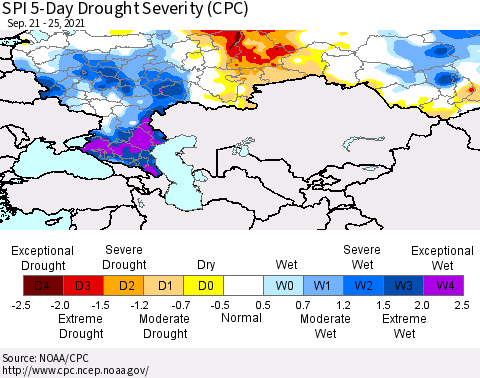 Russian Federation SPI 5-Day Drought Severity (CPC) Thematic Map For 9/21/2021 - 9/25/2021
