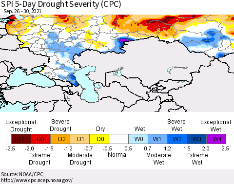 Russian Federation SPI 5-Day Drought Severity (CPC) Thematic Map For 9/26/2021 - 9/30/2021