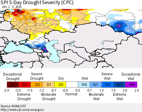Russian Federation SPI 5-Day Drought Severity (CPC) Thematic Map For 10/1/2021 - 10/5/2021
