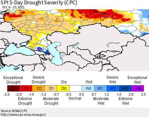Russian Federation SPI 5-Day Drought Severity (CPC) Thematic Map For 10/6/2021 - 10/10/2021