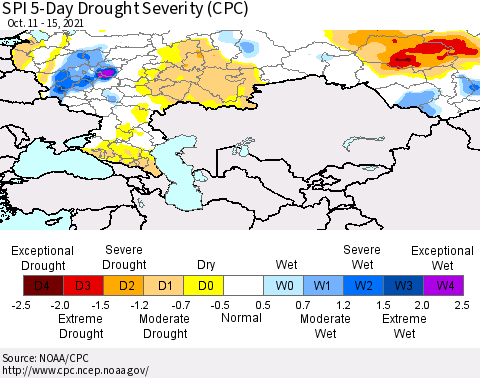 Russian Federation SPI 5-Day Drought Severity (CPC) Thematic Map For 10/11/2021 - 10/15/2021
