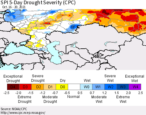 Russian Federation SPI 5-Day Drought Severity (CPC) Thematic Map For 10/16/2021 - 10/20/2021