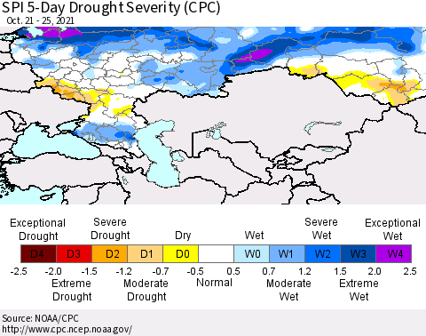 Russian Federation SPI 5-Day Drought Severity (CPC) Thematic Map For 10/21/2021 - 10/25/2021