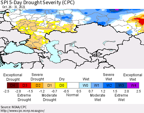 Russian Federation SPI 5-Day Drought Severity (CPC) Thematic Map For 10/26/2021 - 10/31/2021