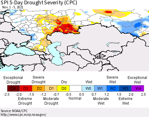 Russian Federation SPI 5-Day Drought Severity (CPC) Thematic Map For 11/1/2021 - 11/5/2021